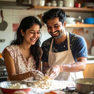 Indian Couple Shares Joyful Cooking Moment in Home Kitchen