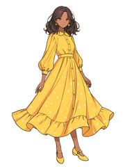 Fototapeta premium girl in a long dress, transparent png of a young woman wearing a yellow dress and mary jane shoes, diversity