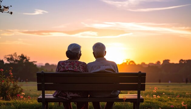 Senior Couple Watching Golden Sunset from Park Bench