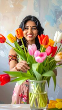 Woman Happily Arranging a Vibrant Bouquet of Colorful Tulips
