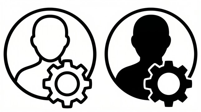 User settings configuration icons with gear symbol, outline and filled person silhouettes, technical role management graphic design illustration.