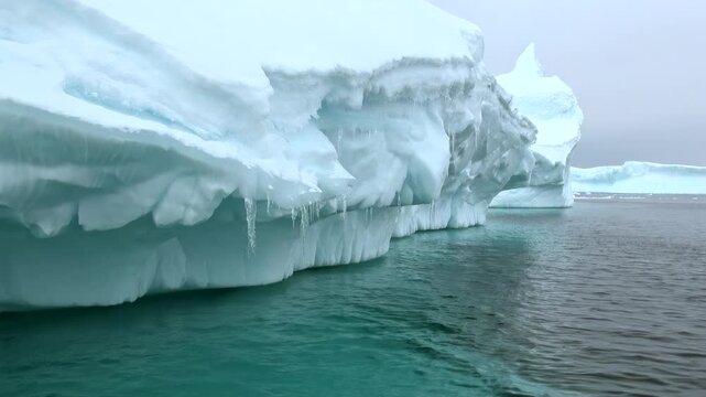 Massive white icebergs drift gracefully across Antarctica's deep sapphire ocean in the early morning light, creating a serene, chilly atmosphere in this pristine, frozen polar wilderness.