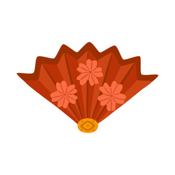 Flat vector illustration of a traditional Chinese fan decorated with coral flowers and golden details, representing Asian culture and suitable for Lunar New Year, festive and decorative designs.