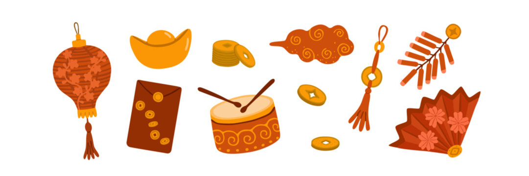 Flat vector illustration set of traditional Chinese festival elements including lanterns, ingots, coins, clouds, firecrackers, drums, fans, envelopes, tassels, and floral ornaments.