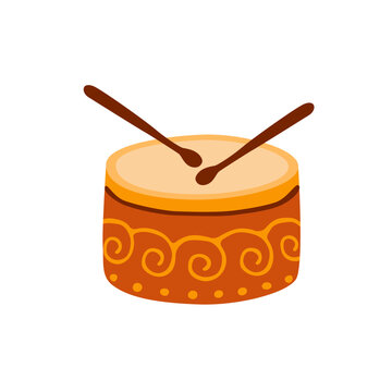 Flat vector illustration of a traditional Chinese drum with wooden sticks and decorative spiral motifs, representing Asian culture, music, festivals, ceremonies, and Lunar New Year celebrations.