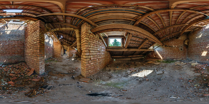 360 hdri panorama inside abandoned ruined bushy concrete decaying old building castle or church without roof in full seamless spherical equirectangular projection, AR VR virtual reality content