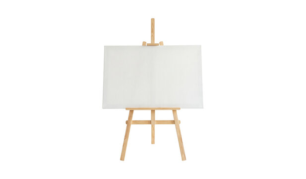 Wooden floor easel with blank white canvas for art exhibitions and studio gallery displays.