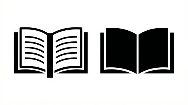 Open book icon with text lines and solid filled book silhouette, reading education literature graphic design illustration symbol.