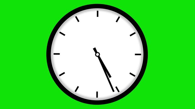 Minimalist analog wall clock spinning rapidly on a bright chroma key green screen background, time-lapse concepts, deadline urgency, business scheduling, and efficient productivity