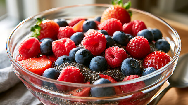 M&eacute;lange de fruits dans un bol avec des graines de chia en arri&egrave;re-plan