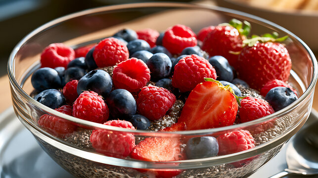 M&eacute;lange de fruits rouges et graines de chia dans un bol en verre au matin