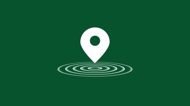 Minimalist white map location pin pulsing with concentric ripples on a solid dark green background, digital navigation, geolocation services, travel apps, and modern ui