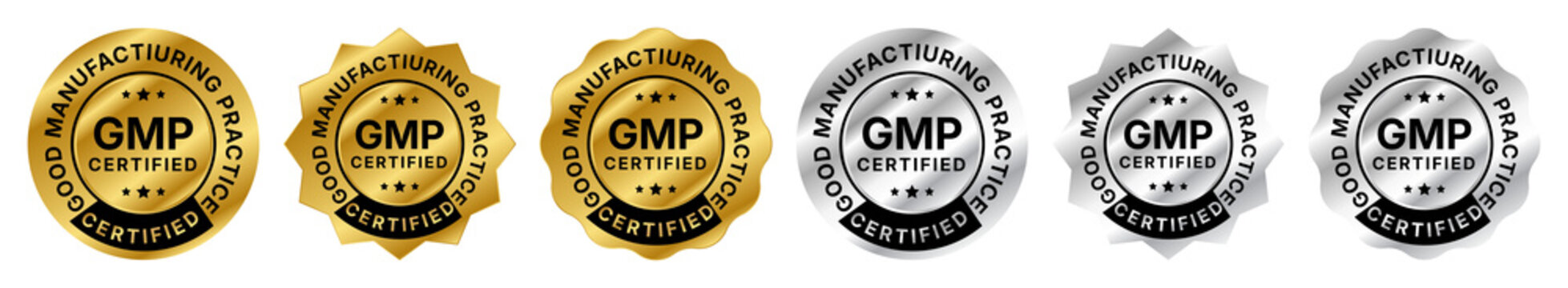 GMP Certified Good Manufacturing Practice Badge Set with Gold and Silver Quality Seal Vector