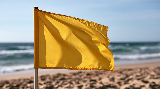 Drapeau jaune flottant sur la plage au bord de la mer par une journ&eacute;e ensoleill&eacute;e