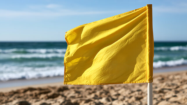 Drapeau jaune flottant sur la plage pendant une journ&eacute;e ensoleill&eacute;e