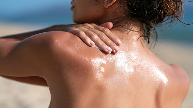Une femme se met de la cr&egrave;me solaire sur la plage pendant une journ&eacute;e ensoleill&eacute;e