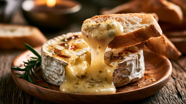 Fromage fondu avec pain sur une assiette en bois
