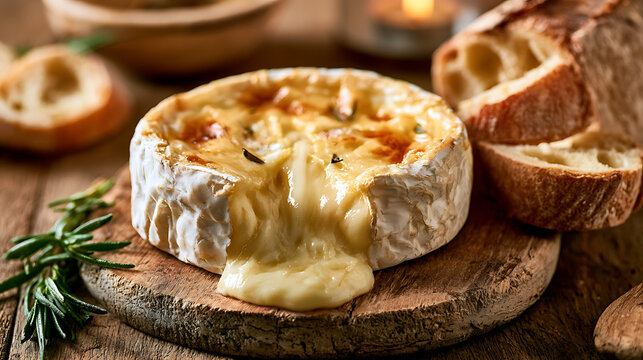 Un plat de fromage fondu sur une planche en bois avec du pain frais