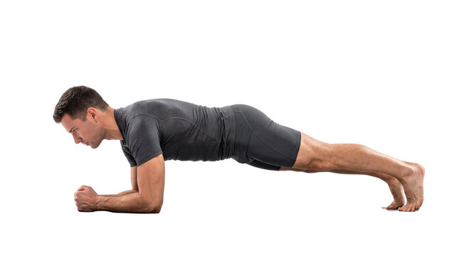 Athletic man performing forearm plank exercise, fitness male in core strength training, side view of workout pose isolated PNG with Transparent Background