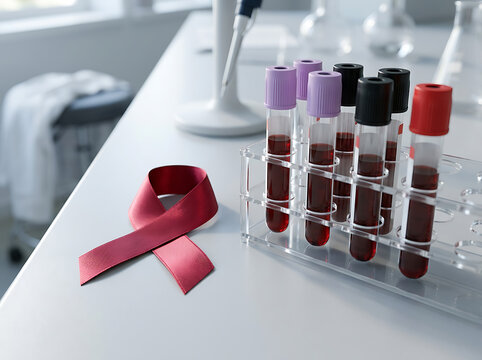 Red awareness ribbon placed next to blood sample tubes in a medical laboratory setting.