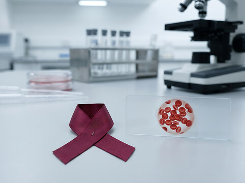 Burgundy awareness ribbon with a blood sample slide in a medical laboratory setting.