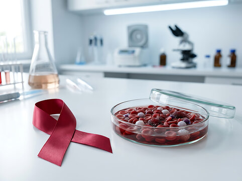 Red awareness ribbon and petri dish with blood cells in a laboratory setting.