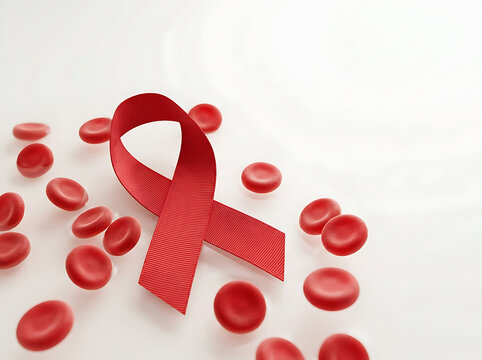 Red awareness ribbon symbolizing HIV AIDS support surrounded by red blood cells on white background.