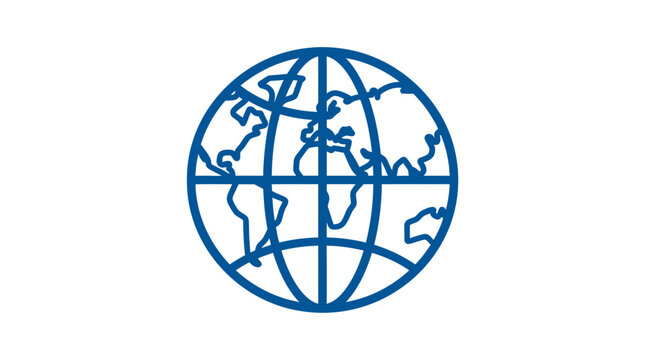 Simple blue outline icon of an oval shaped world map globe isolated on white background