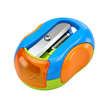 Colorful manual pencil sharpener with a transparent orange shavings container isolated on transparent background