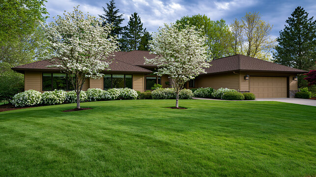 A beautiful suburban home with a manicured lawn features blooming dogwood trees in spring. This inviting house exterior is perfect for real estate property advertisements.