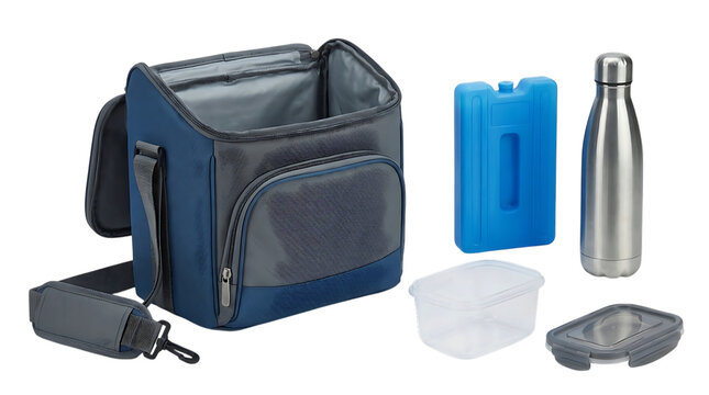 Soft insulated cooler bag with reusable ice pack, food container and stainless bottle, transparent background