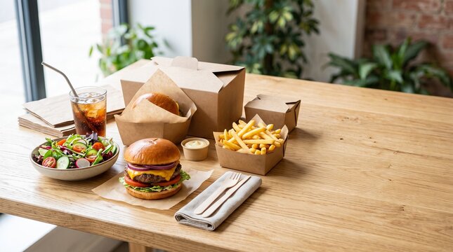 Food delivery combo meal with burger fries and kraft takeaway box on wooden table