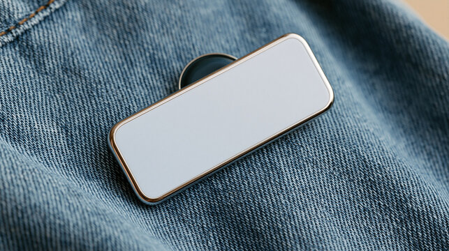 A blank metal name badge attached to blue denim fabric with a soft light. Ideal for a professional identity or apparel branding concept.