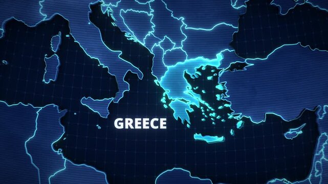 Digital map animation highlighting Greece, Europe with glowing borders, scanline texture, and bold typography, ideal for a broadcast news graphic or documentary presentation backdrop.
