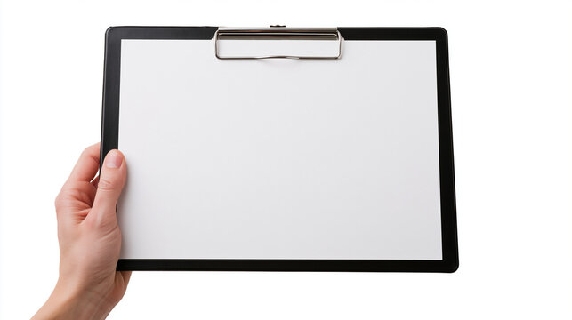 A hand holding a blank black clipboard isolated on white background. Perfect for business forms, checklists, or professional survey templates.