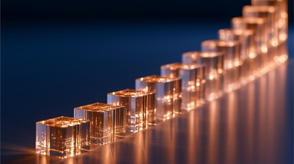 Naklejka premium AI生成した、暗い紺色の背景に一列で段々と高さを増すガラスキューブ、内部に暖かい光が反射する右肩上がりの成長グラフのイメージ