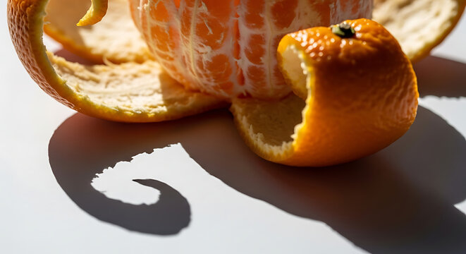Peeled mandarin orange resting on surface with long curvy shadow, mandarin