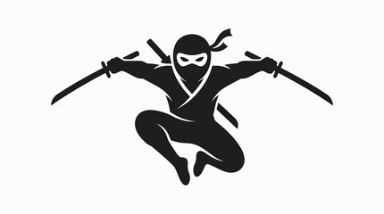 Black silhouette of a jumping ninja warrior holding two samurai swords ready for action in a dynamic pose © MdMejbahul