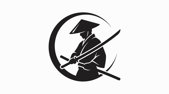 Black and white vector icon of a japanese samurai warrior with a katana sword inside a circular frame design