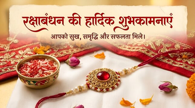 Raksha bandhan greeting card with traditional red rakhi and hindi script text