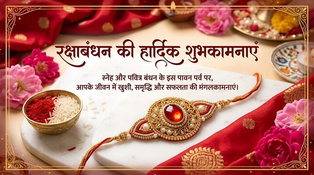 Raksha bandhan greeting card with traditional red rakhi and hindi script text
