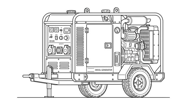 Outline drawing of a portable industrial diesel generator on a trailer.