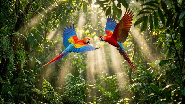 Slow motion of two colorful scarlet macaws flying face to face in lush tropical rainforest canopy with heavenly sunbeams breaking through green jungle foliage