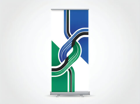 Modern roll-up banner mockup with abstract geometric design. Professional exhibition stand display. Blue and green corporate signage.