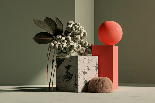 Still life with speckled stone cube, red sphere, and dried plant on a muted green