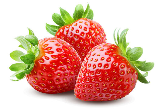 Three whole strawberries gathered in a compact triangular arrangement with green tops isolated on transparent background.