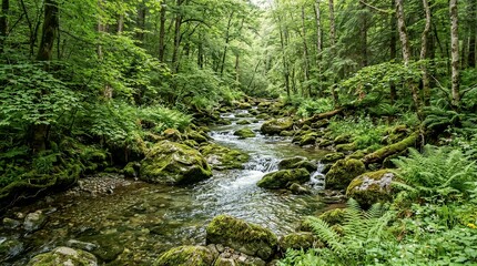 Fototapeta premium Moss covered rocks flowing stream in dense green forest