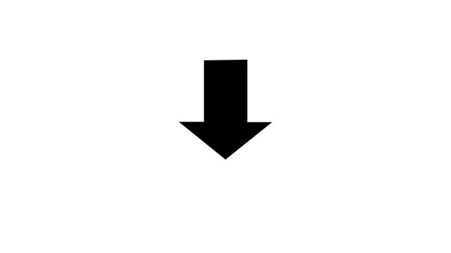 Minimalist black arrow pointing downward isolated on a clean white background, smooth motion animation for user interface navigation, digital signage, and instructional web