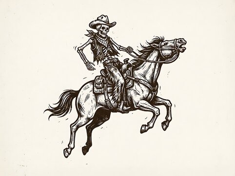 Skeleton Cowboy Riding Horse Illustration With Western Style Hat And Gear
