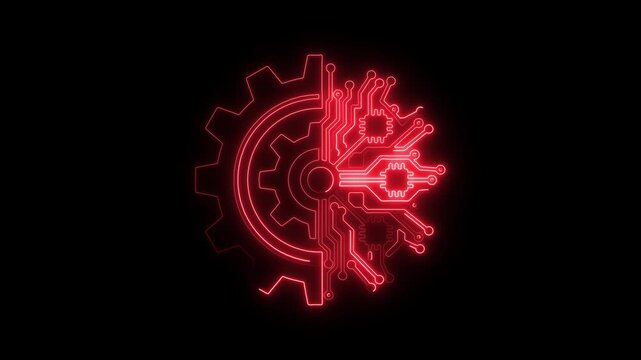 Glowing red gear with digital circuit board pattern
